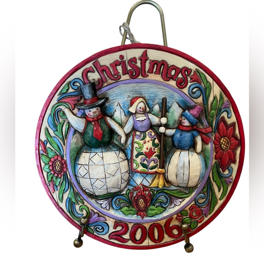 Jim Shore 2006 Christmas decorative snowman plate with stand new in box